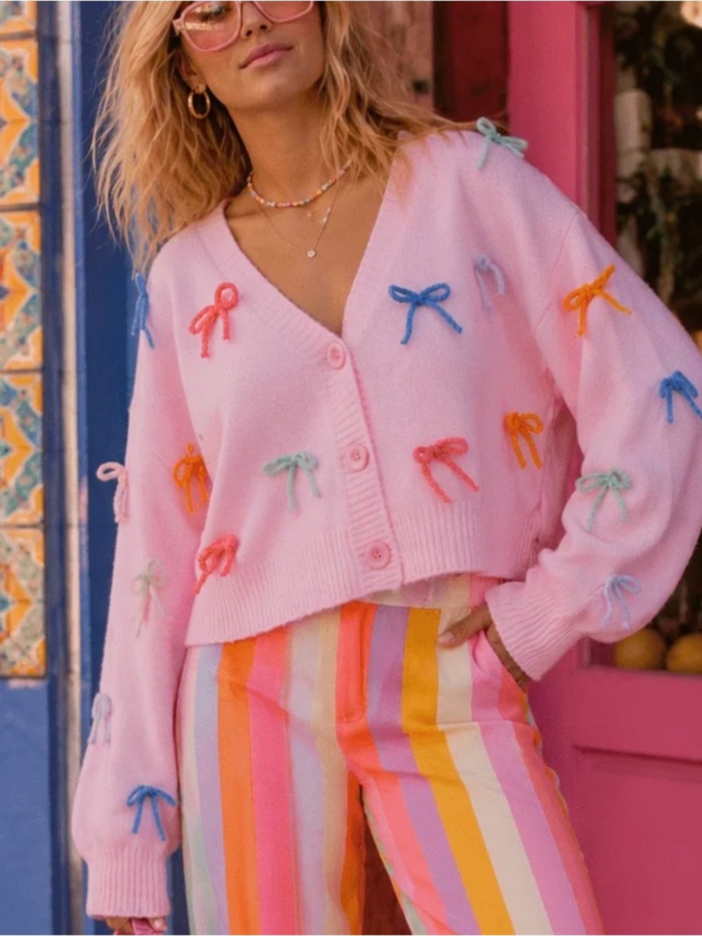 Boho NWT Pastel Pink V-Neck Bow-Appliqué Cardigan sweater S,M,L